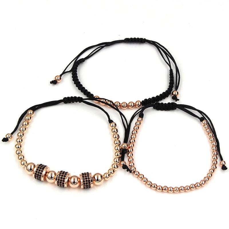 Luxury 3pc CZ & Copper Bead Bracelet Set- Silver, Gold, Rose & Black Options