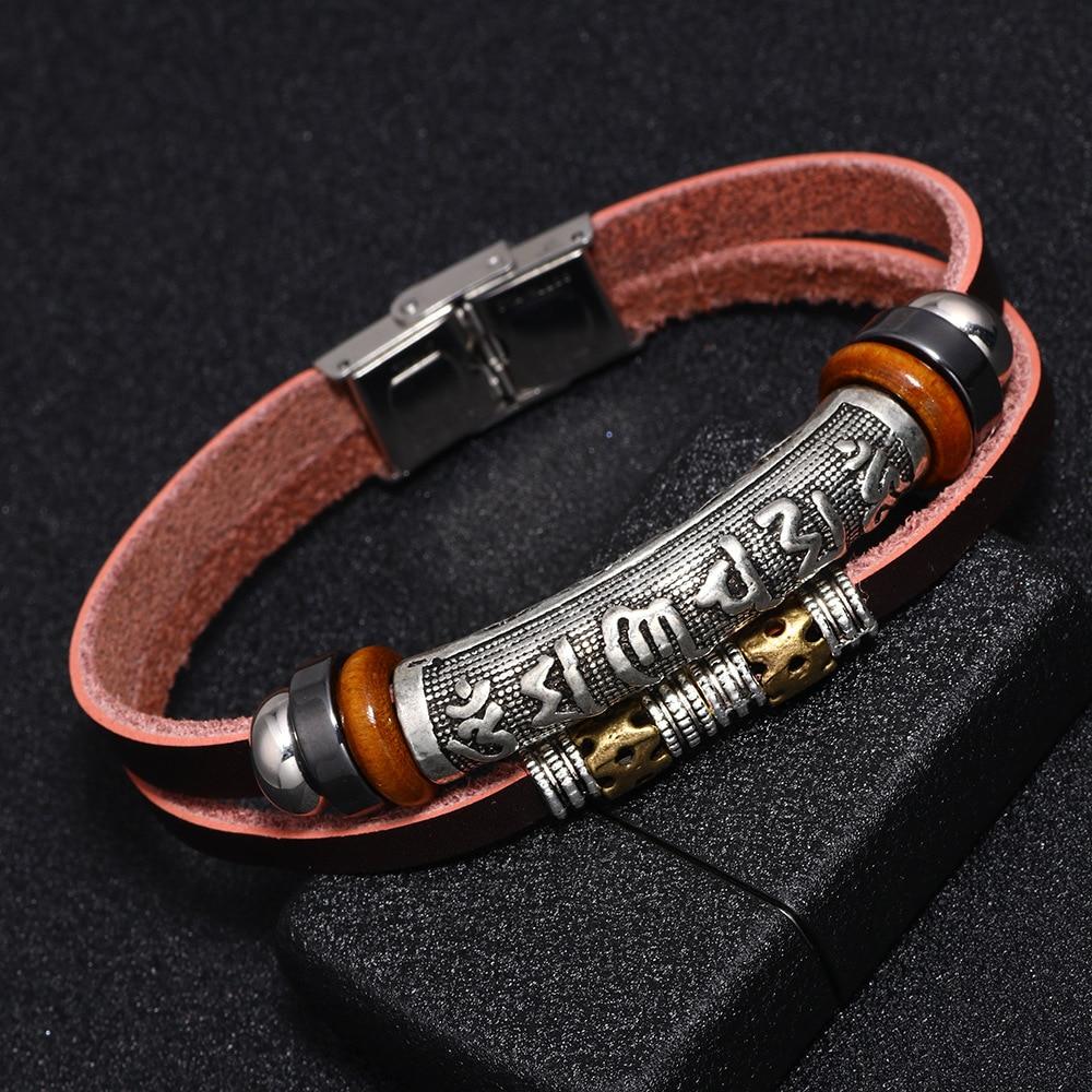 Tibetan Om Mani Padme Hum Mantra & Leather SPIRITUAL Bracelet