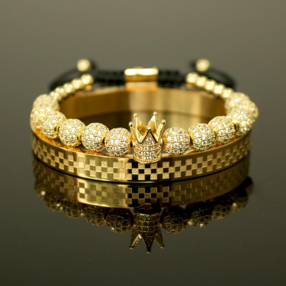 Luxury Titanium & Micro Pave CROWN 2pc Bracelet Set