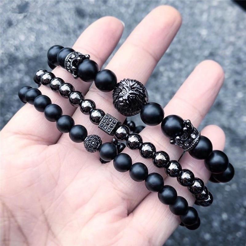 Men's 3 Pc Classic Stack of Onyx & Hematite Stone LION Amulet Bracelets-GOBLIN & GIANT SIZES HERE!