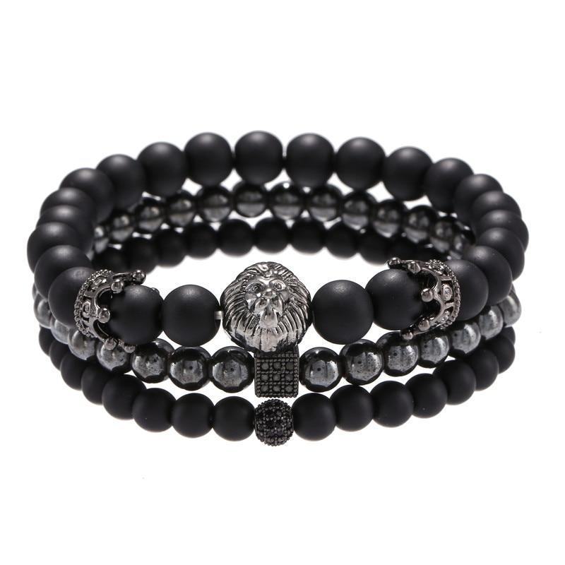 Men's 3 Pc Classic Stack of Onyx & Hematite Stone LION Amulet Bracelets-GOBLIN & GIANT SIZES HERE!