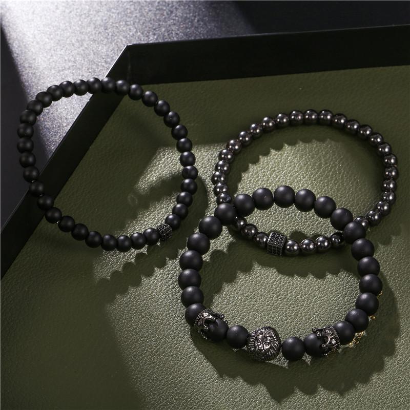 Men's 3 Pc Classic Stack of Onyx & Hematite Stone LION Amulet Bracelets-GOBLIN & GIANT SIZES HERE!