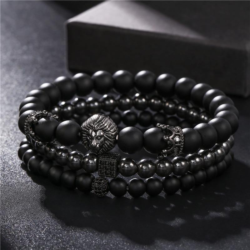 Men's 3 Pc Classic Stack of Onyx & Hematite Stone LION Amulet Bracelets-GOBLIN & GIANT SIZES HERE!