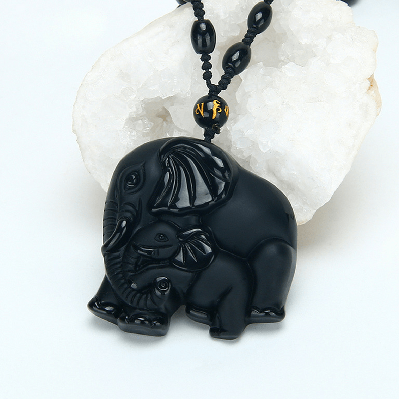 Natural Black Obsidian Carved Mother Elephant Necklace