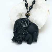 Thumbnail for Natural Black Obsidian Carved Mother Elephant Necklace
