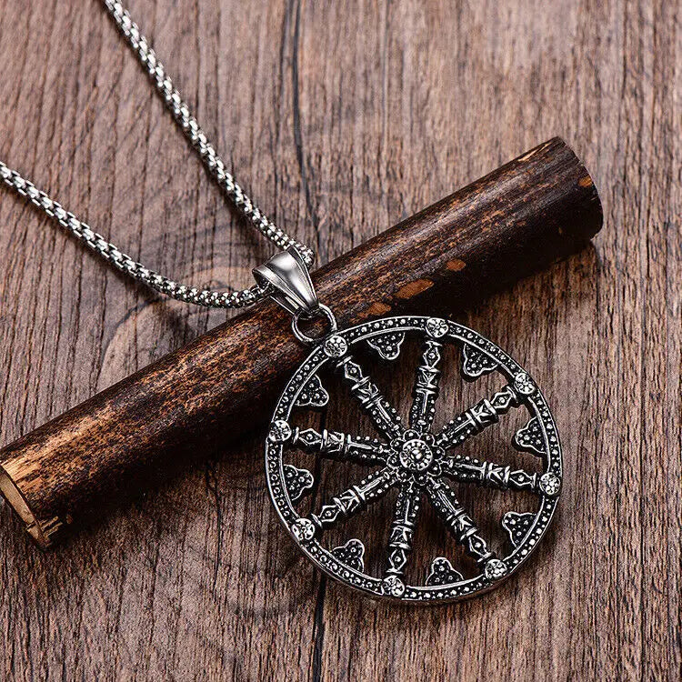 The Symbol of Buddhism- Dharma Chakra Wheel Stainless steel Pendant Necklace