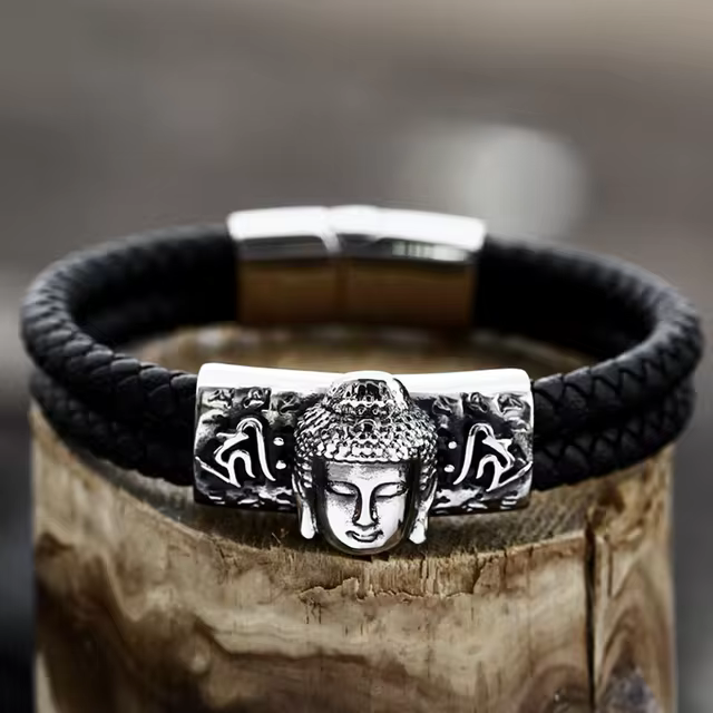 Mens Leather & Steel Buddha Bracelet- Gold & Silver finishes YourSoulPlace