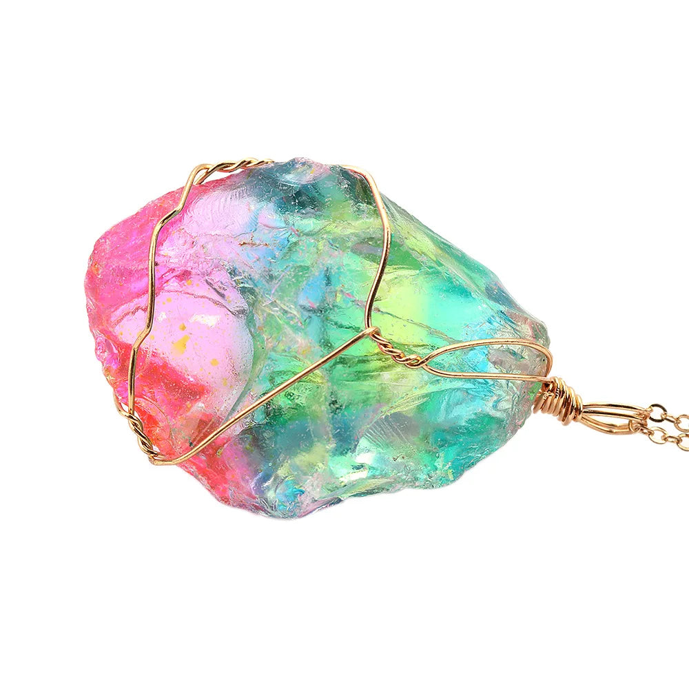 Rainbow Aura Natural Quartz Stone Pendant Necklace