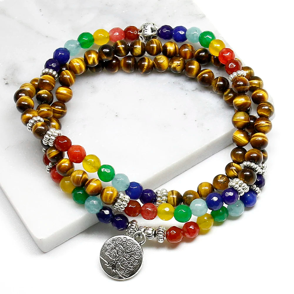 108 Mala PROTECTION & BALANCE 7 Chakra & Tiger Eye Wrap Bracelet YourSoulPlace