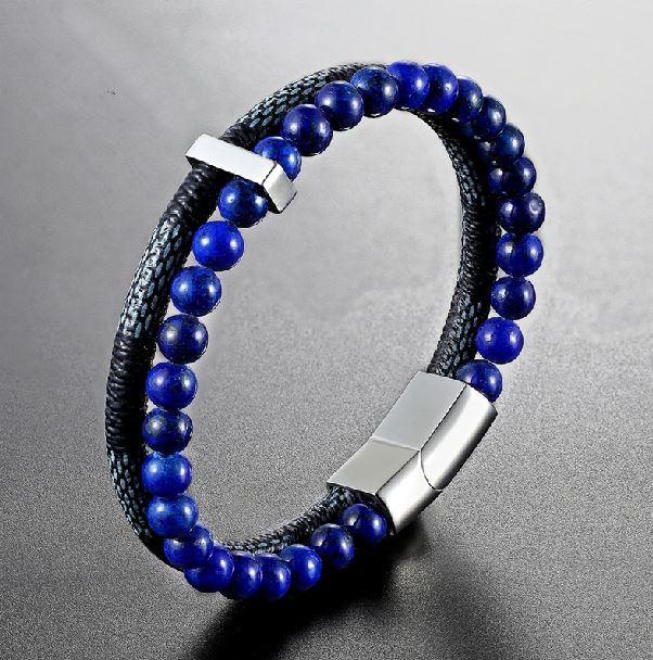 Leather & Natural Stones Lapis,Wood Jasper & Onyx  ENERGY BOOST  Mens Bracelet