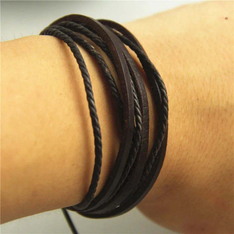 2pc Set Braided Rope & Leather Stacked Bracelets