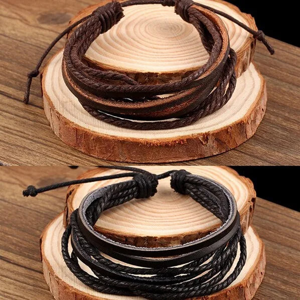 2pc Set Braided Rope & Leather Stacked Bracelets