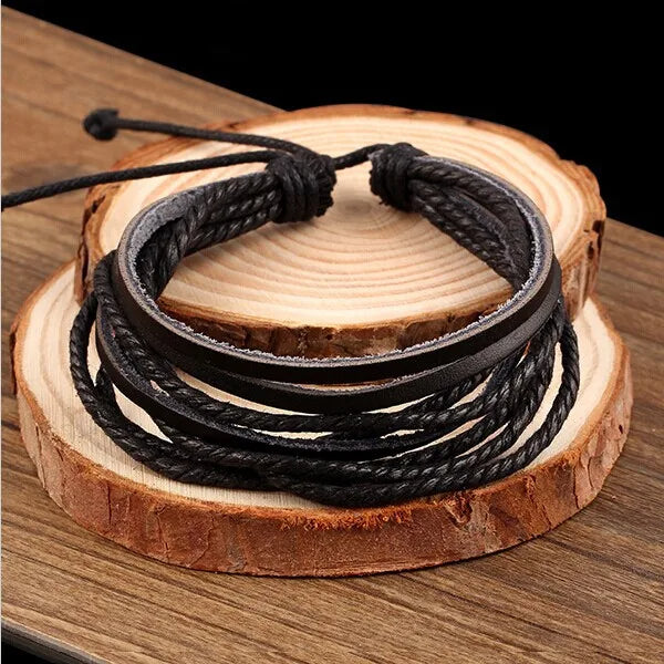 2pc Set Braided Rope & Leather Stacked Bracelets