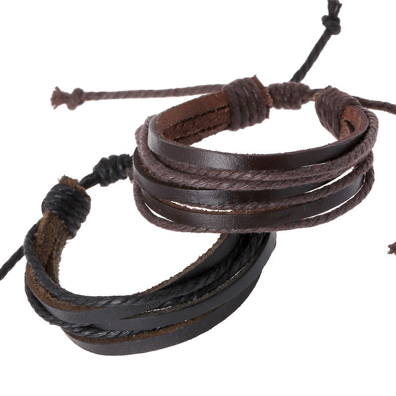 2pc Set Braided Rope & Leather Stacked Bracelets