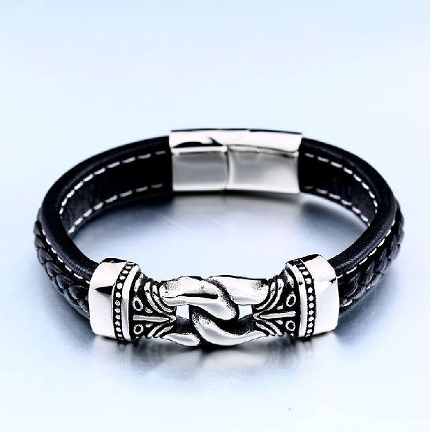 Mens Steel & Leather Viking Inspired Designs Bracelet