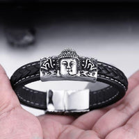 Thumbnail for Mens Leather & Steel Buddha Bracelet- Gold & Silver finishes