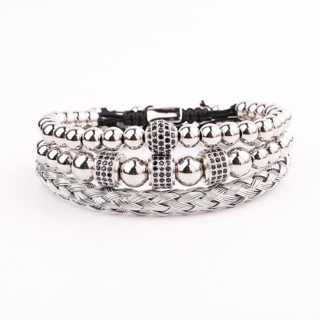 Luxury CZ Pave ,Black/Silver/Gold Braided Stainless Steel 3pc  Bracelet Set