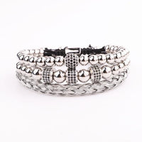 Thumbnail for Luxury CZ Pave ,Black/Silver/Gold Braided Stainless Steel 3pc  Bracelet Set