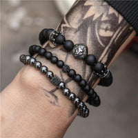 Thumbnail for Men's 3 Pc Classic Stack of Onyx & Hematite Stone LION Amulet Bracelets-GOBLIN & GIANT SIZES HERE!