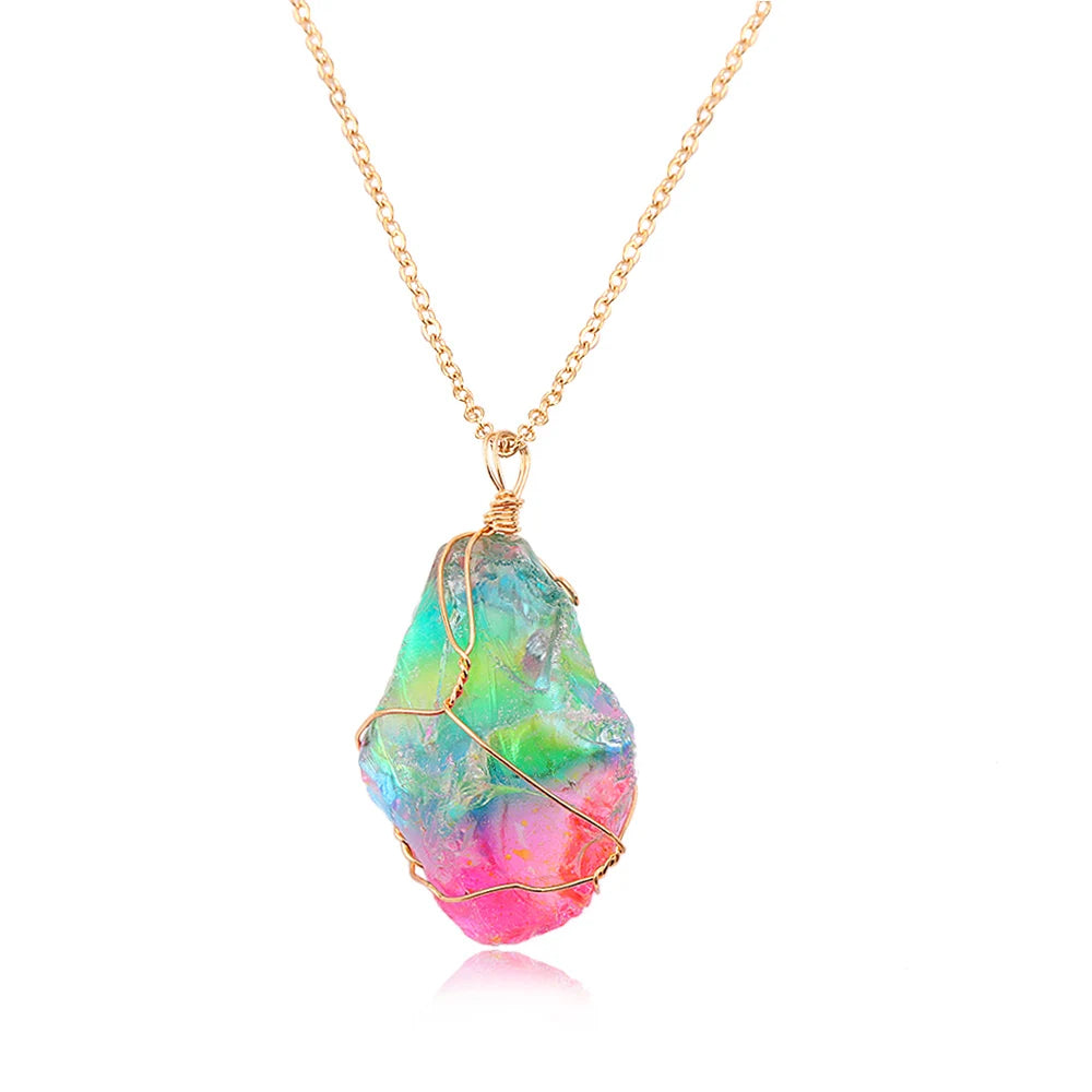 Rainbow Aura Natural Quartz Stone Pendant Necklace