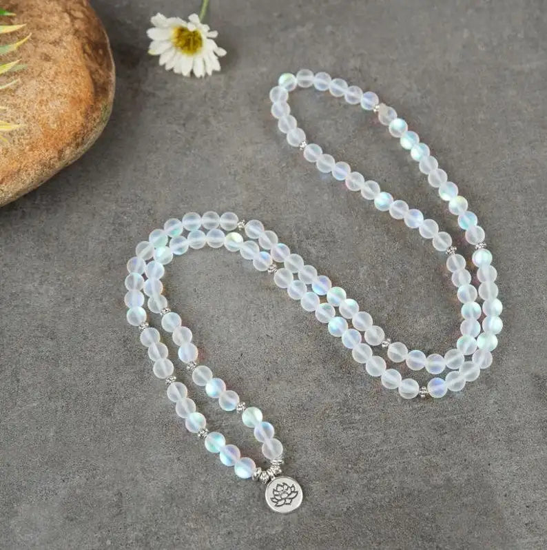 108 Moonlight Crystal White Matte Beads Mala Bracelet YourSoulPlace.com