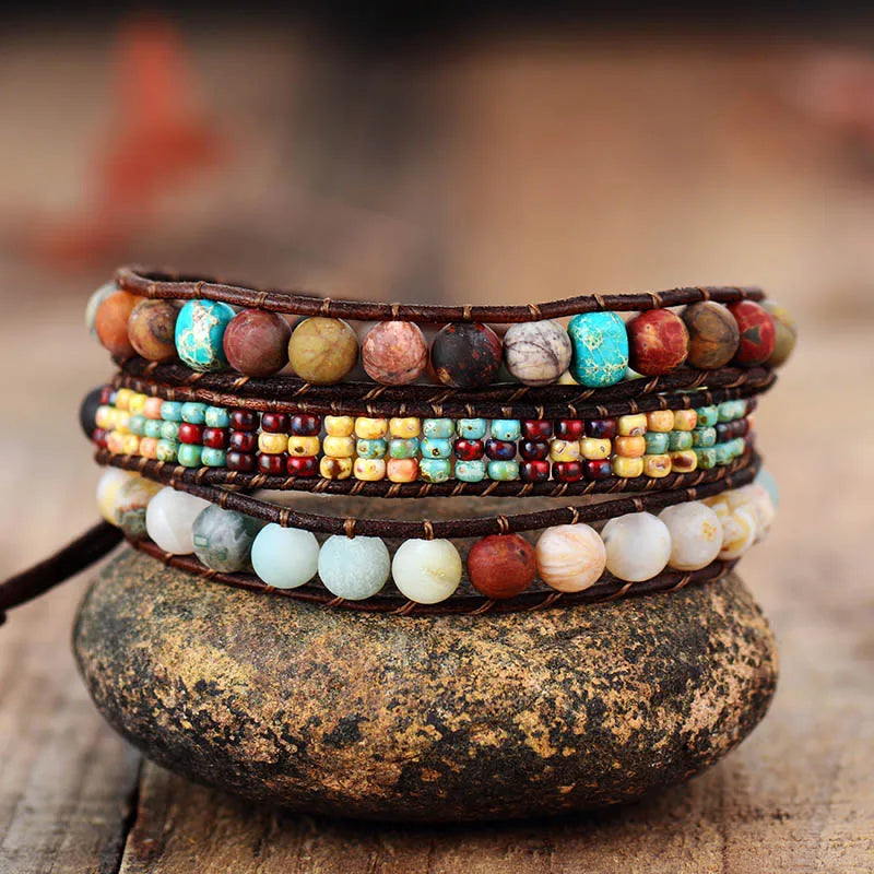 Vintage Leather Jasper Wrap Bracelet