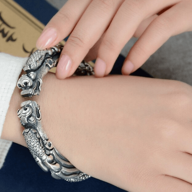 Ethnic Thai Silver Mexican Double-Headed Serpent Bangle