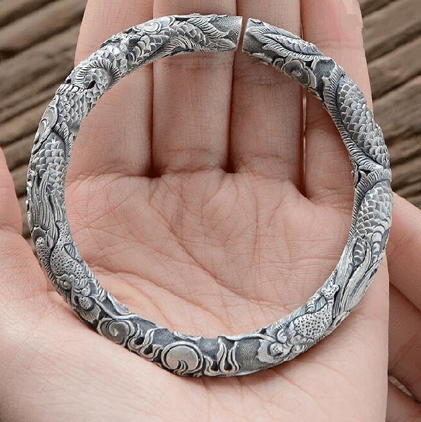 Ethnic Thai Silver Men's Auspicious Dragon Bangle