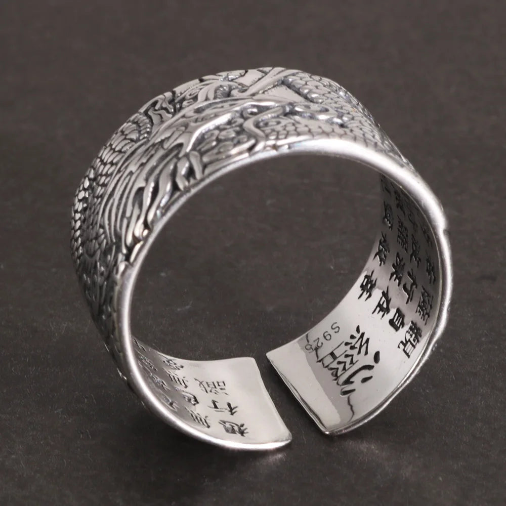 Silver Dragon Spirit with Heart Sutra Mantra Ring