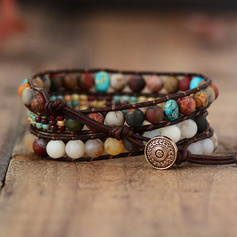 Vintage Leather Jasper Wrap Bracelet