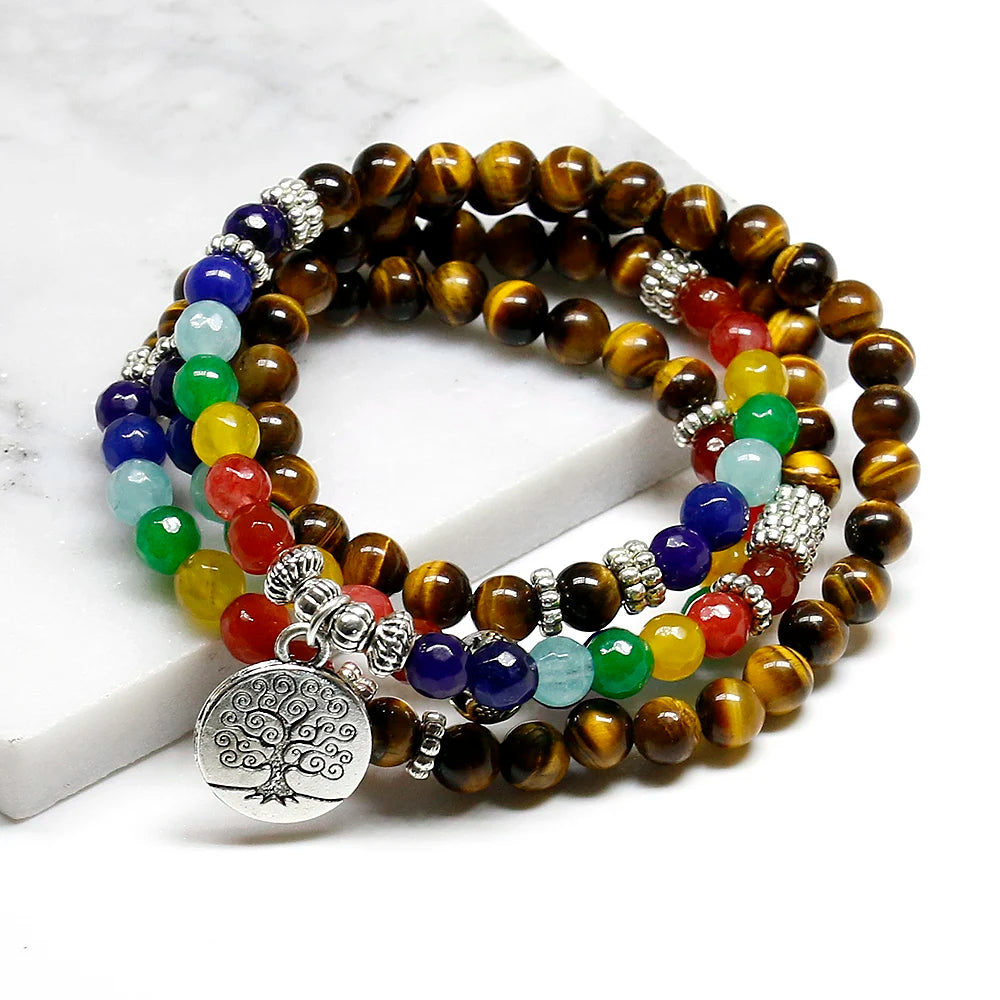 108 Mala PROTECTION & BALANCE 7 Chakra & Tiger Eye Wrap Bracelet YourSoulPlace