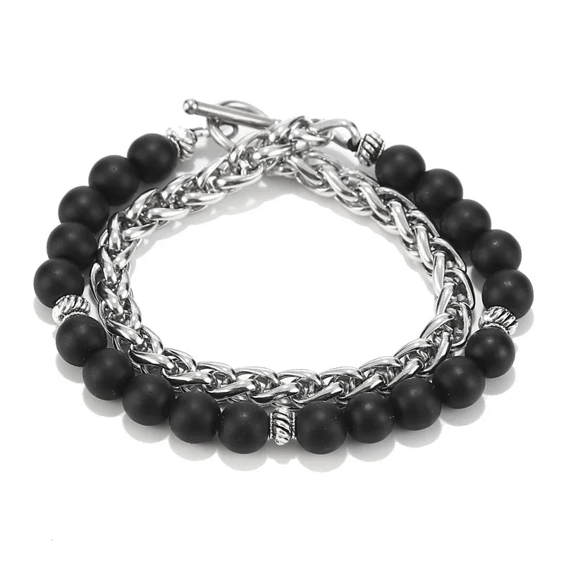 2pcs/set Steel Wheat Chain & Onyx Stone RELEASE EMOTIONS Bracelets