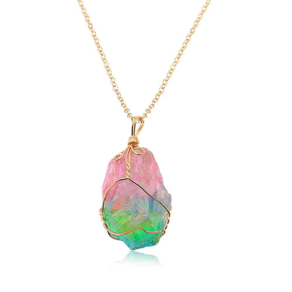 Rainbow Aura Natural Quartz Stone Pendant Necklace