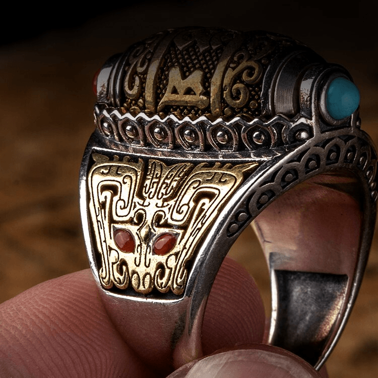 Ethnic Tibetan Spinning Turquoise & Agate Six Syllable Mantra Prayer Ring