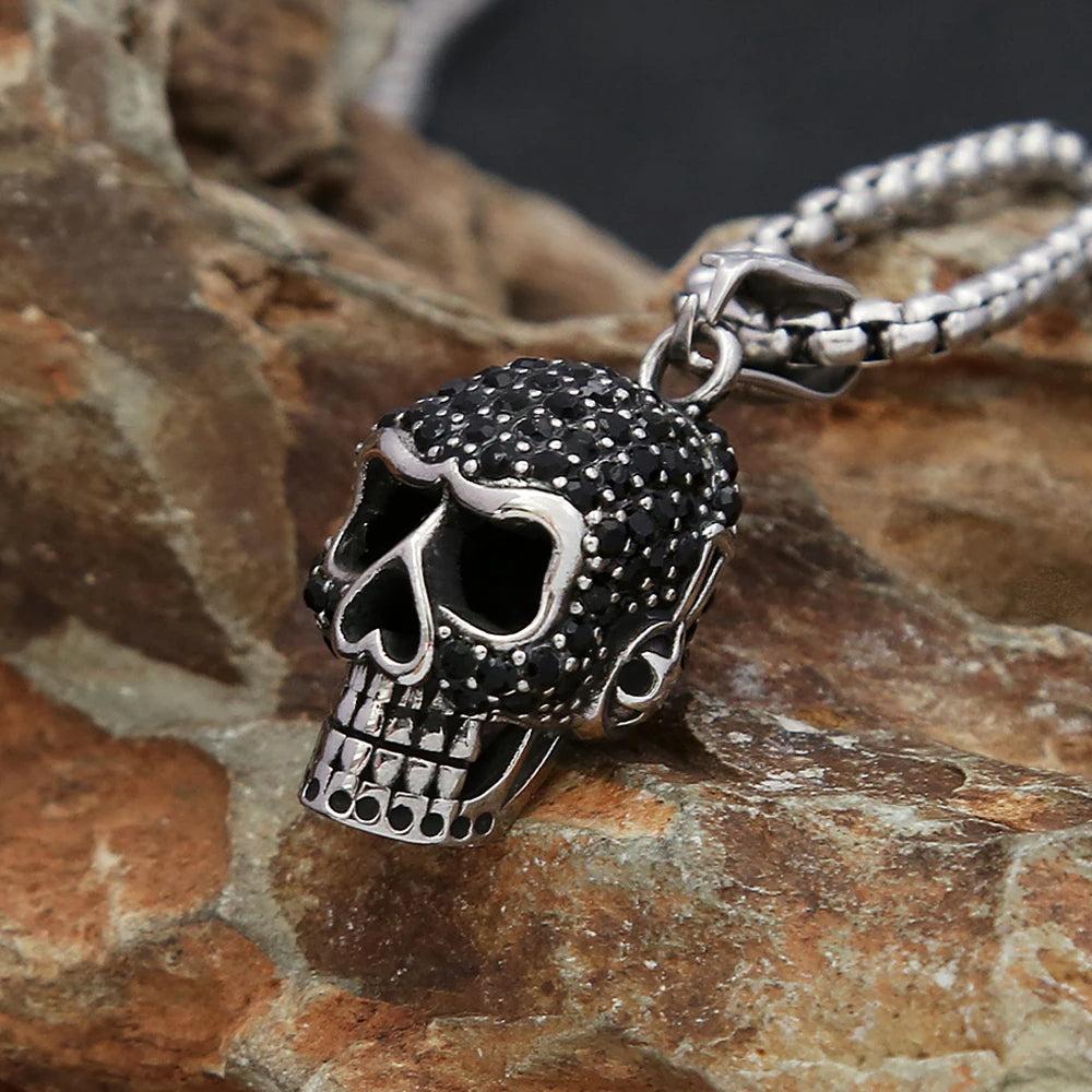 Silver & Zirconia Beaded Skull Pendant Necklace