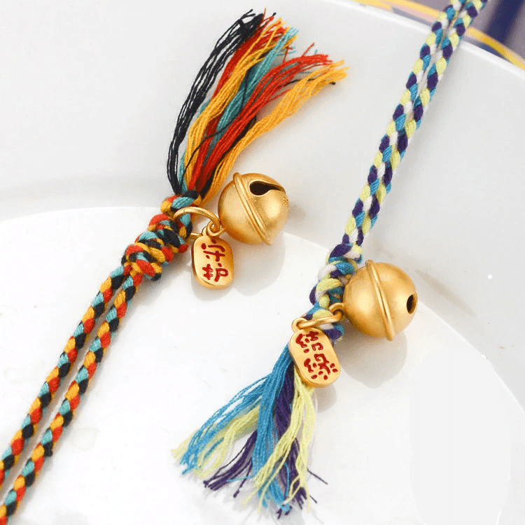 Hand Woven Multicolored 'PICK ME UP' Rope Bell Bracelet