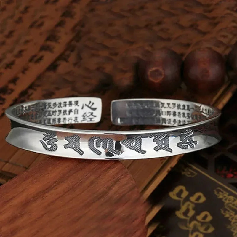 THAI SILVER 6 Syllable OM & HEART SUTRA SPIRITUAL Bangle