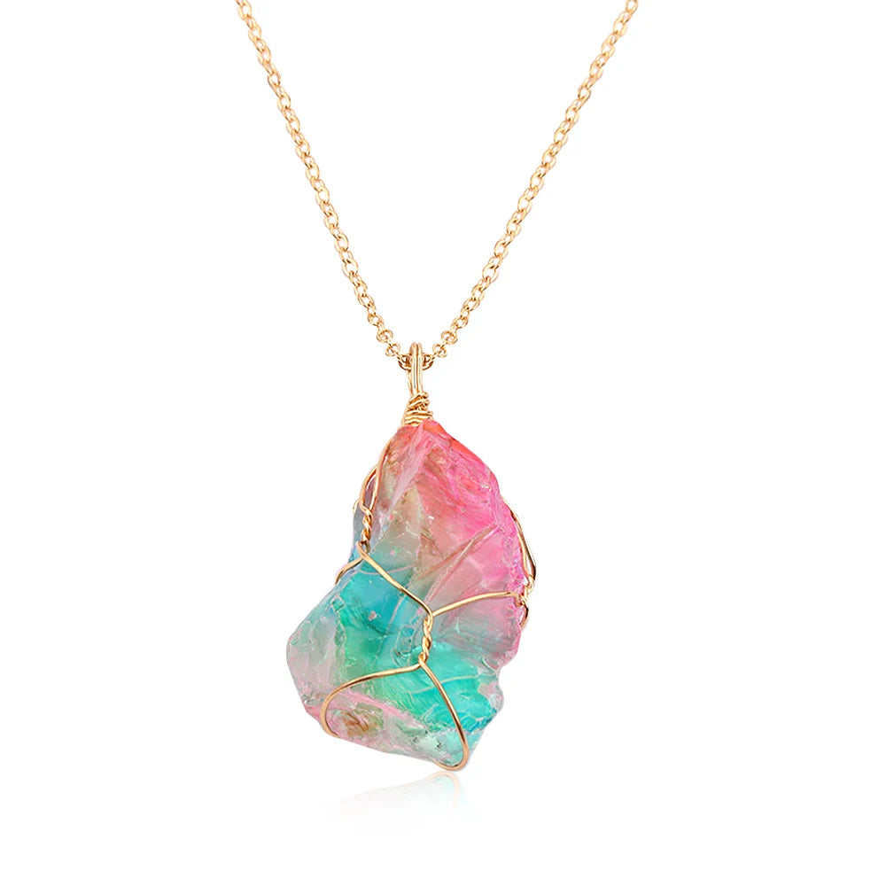 Rainbow Aura Natural Quartz Stone Pendant Necklace