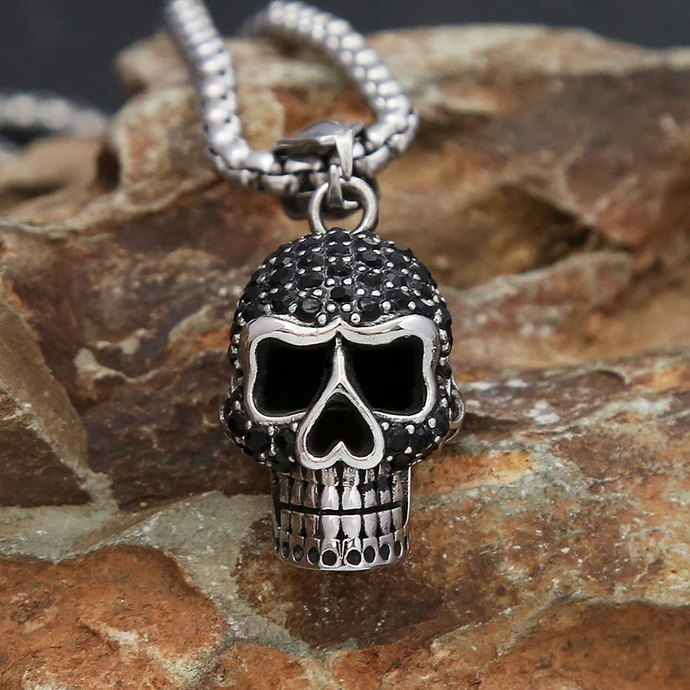 Silver & Zirconia Beaded Skull Pendant Necklace