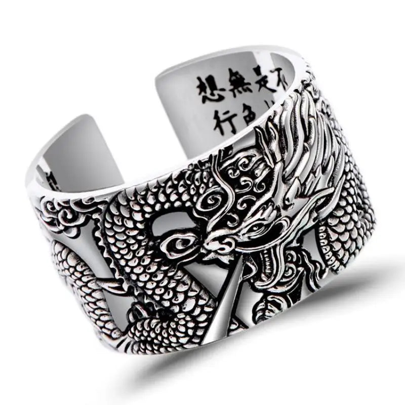 Silver Dragon Spirit with Heart Sutra Mantra Ring