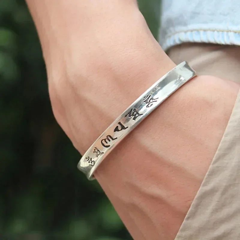 THAI SILVER 6 Syllable OM & HEART SUTRA SPIRITUAL Bangle