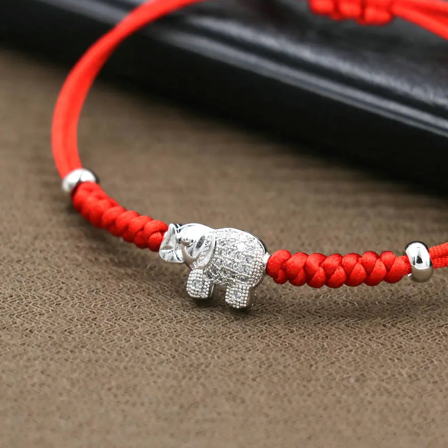 Sterling Silver Elephant 'GROUNDING' Red Rope Bracelet