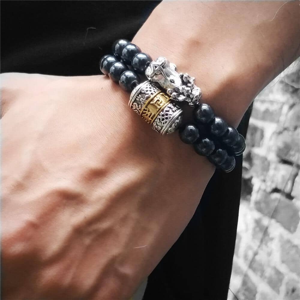 Feng Shui Pixiu with Hematite Stone & Prayer Wheel Accent POWERFUL PROTECTOR 2pc Bracelet set