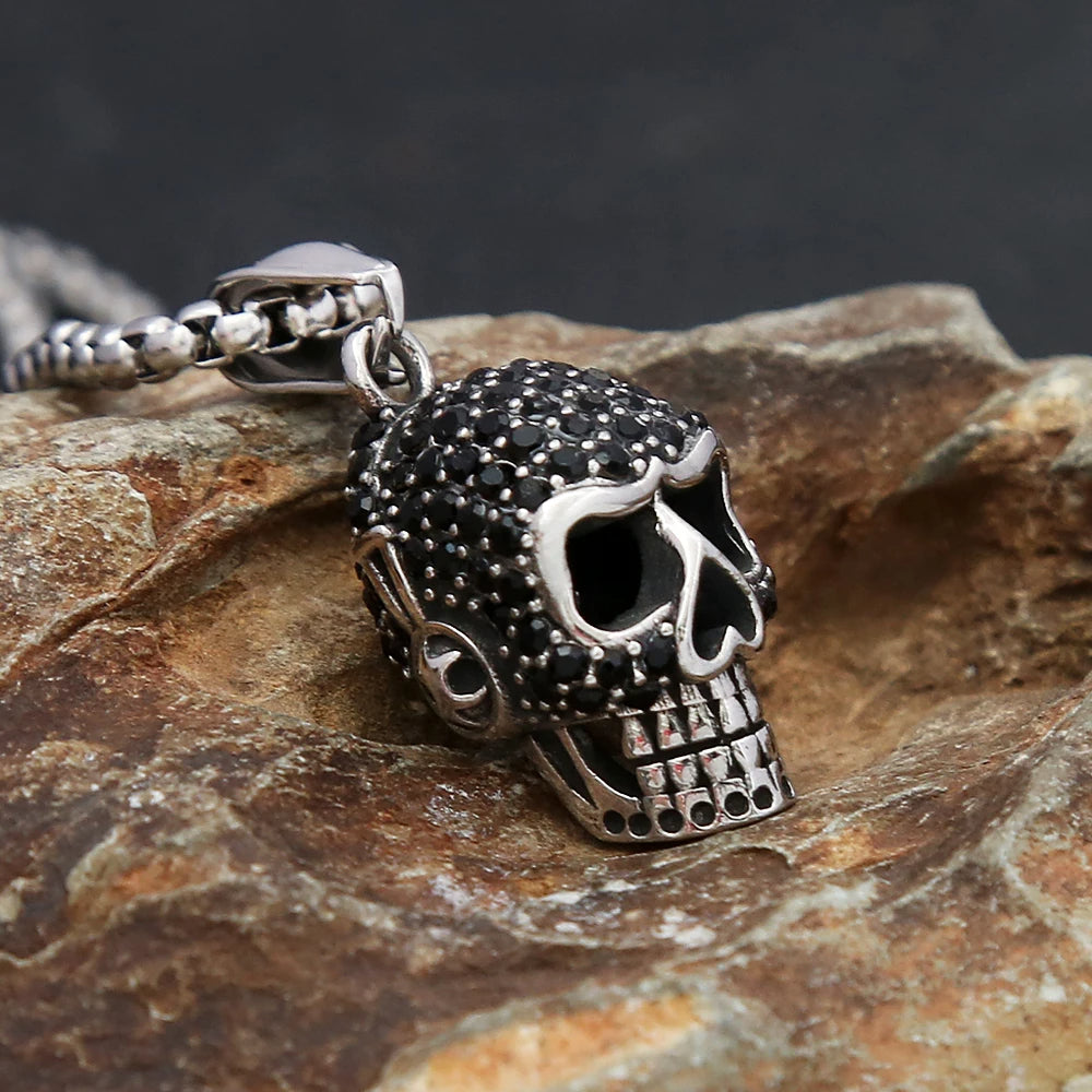 Silver & Zirconia Beaded Skull Pendant Necklace