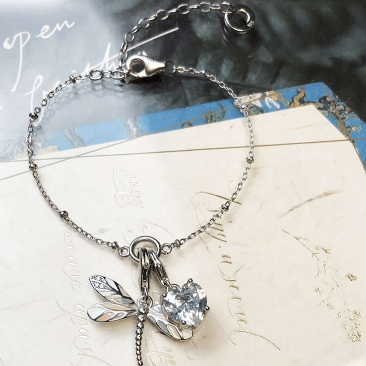 Silver & Zirconia Stylish Dragonfly & Heart Charm Bracelet