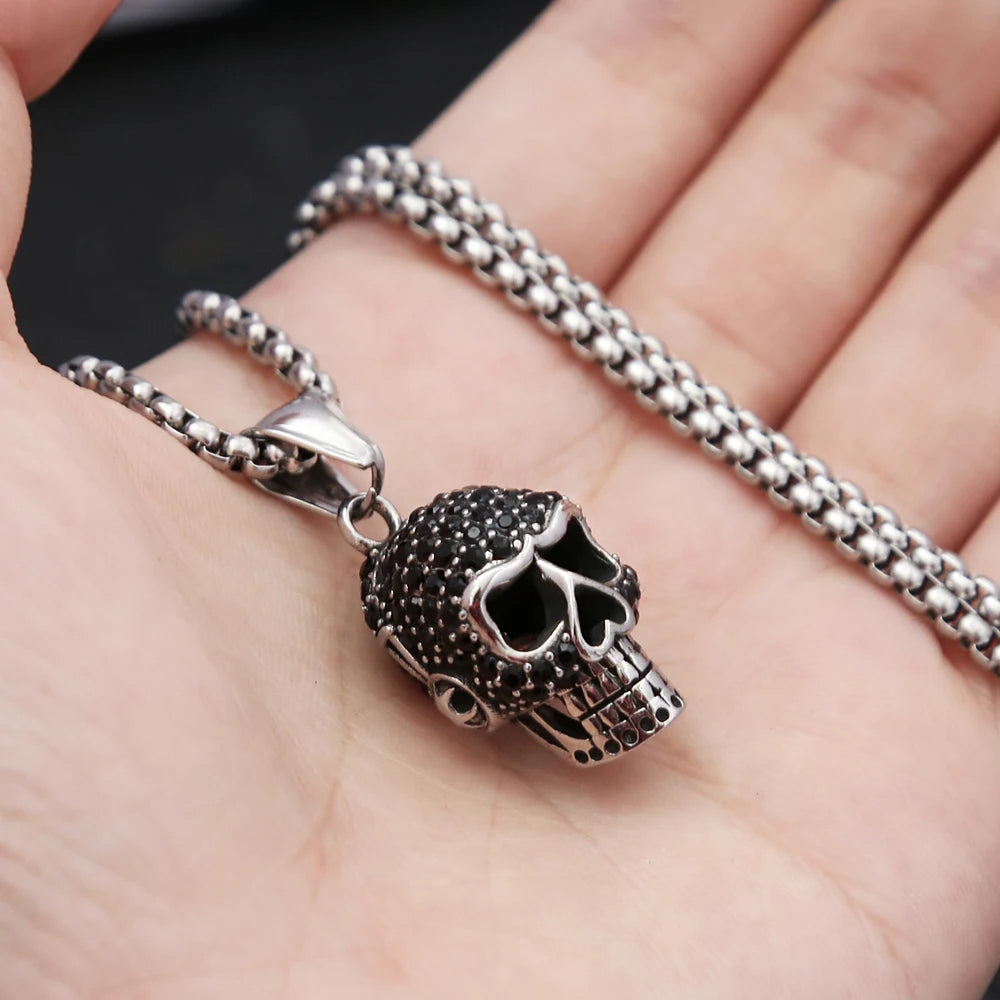 Silver & Zirconia Beaded Skull Pendant Necklace