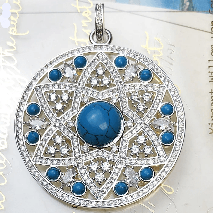 Silver & Zirconia Ethnic Designed Turquoise Pendant Necklace