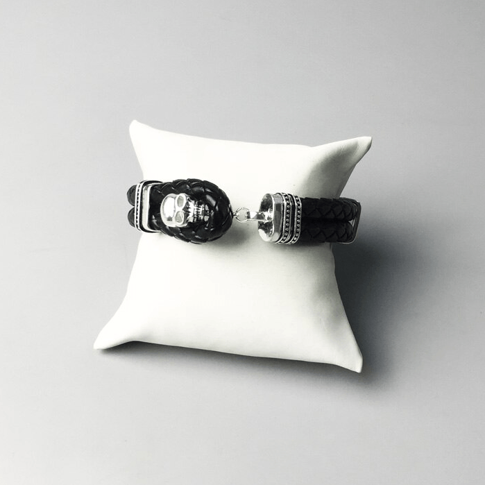 Men's Black Leather Skull Strap Bracelet