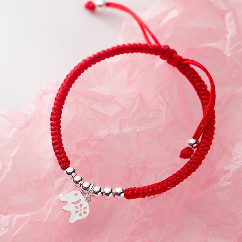 Sterling Silver Lucky Elephant STRENGTH & LOYALTY Red Rope Bracelet