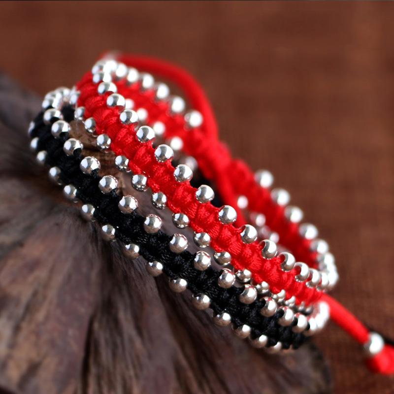 925 Sterling Silver Bead Red & Black Rope LUCKY WHEEL Bracelet